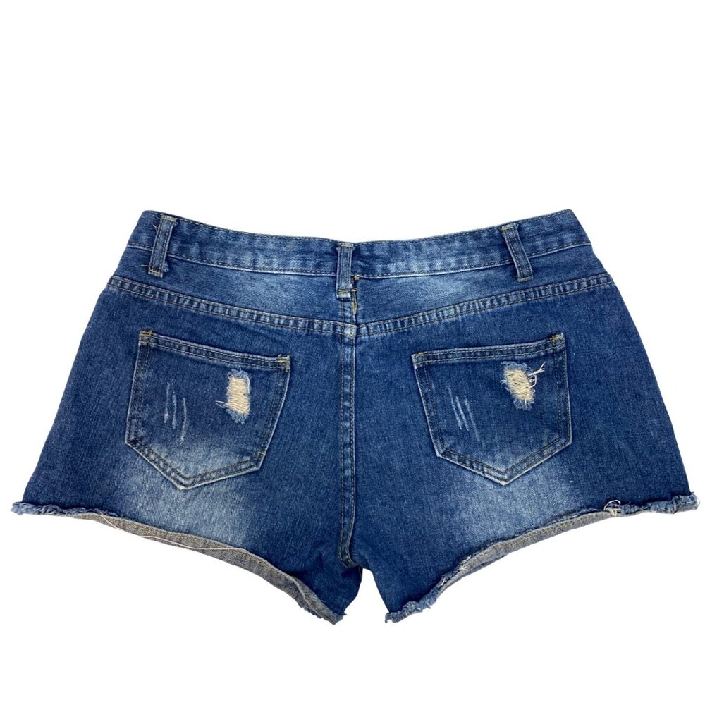 Jeans Low Rise Y2K Style Distressed Cut-Off Raw Hem Denim Blue Jean Shorts Sz 33 - Picture 2 of 9